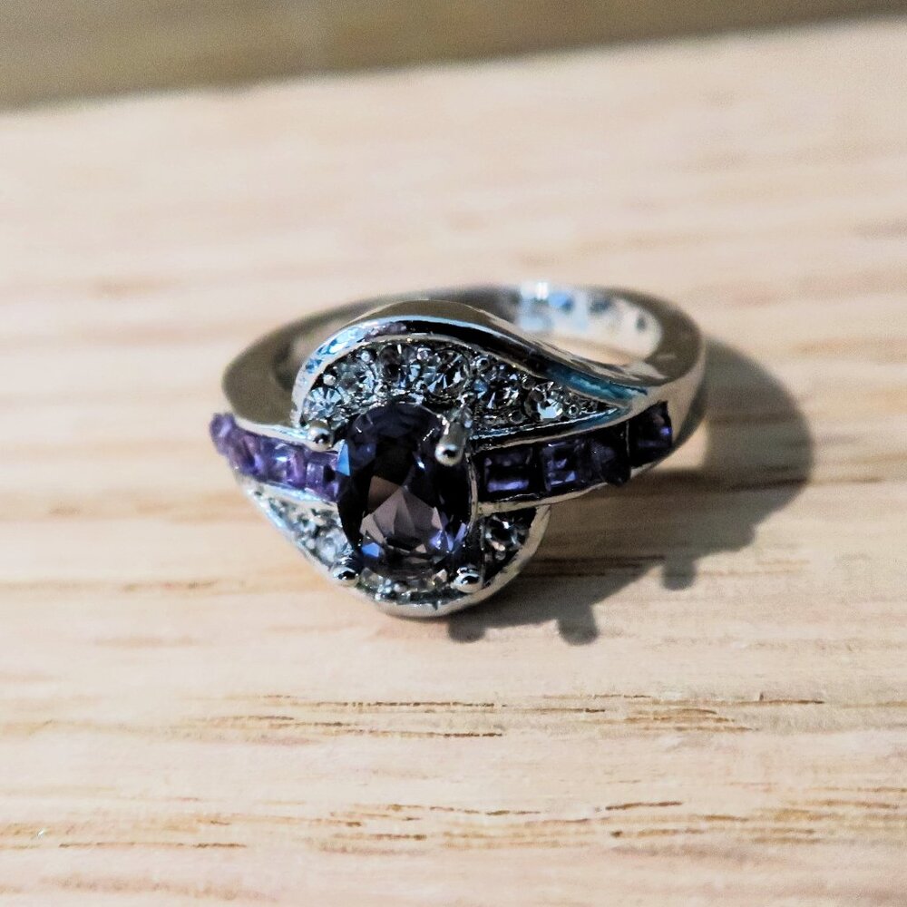 925 Silver Stamped Purple White Gem Statement Ring Vintage Boho Cocktail Formal